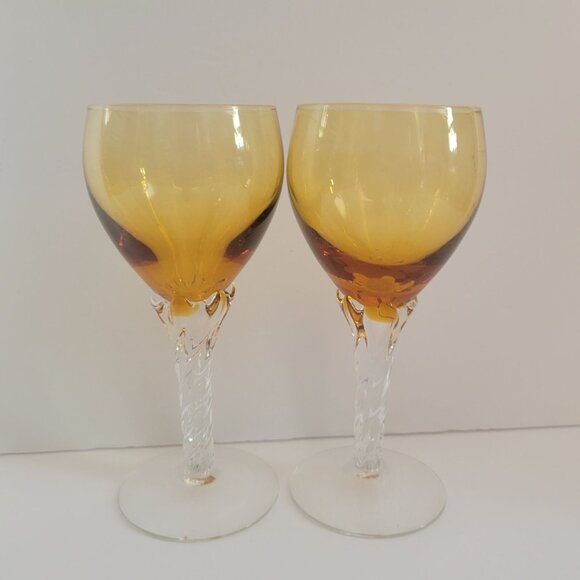 Set Of 2 Amber & Clear Twisted Stem Wine Glasses - Picture 2 of 5